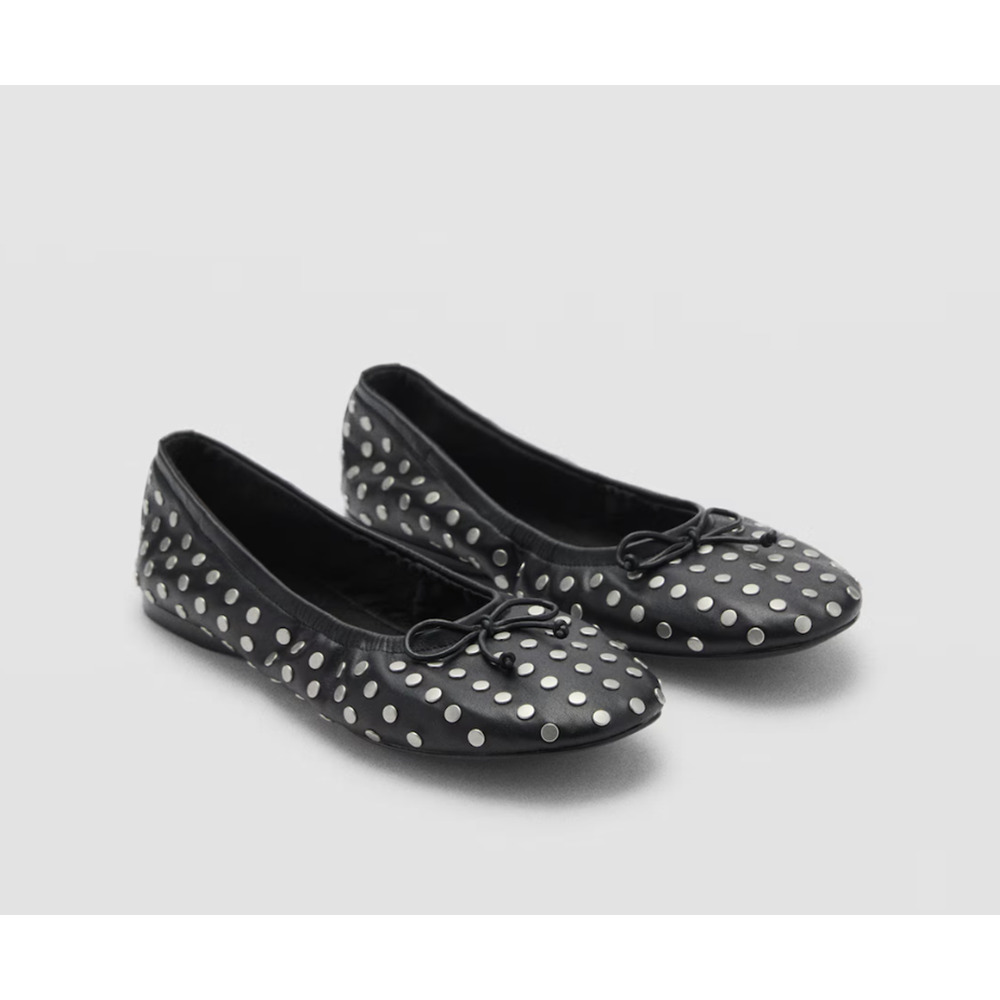 MANGO MNG BLACK STUDDED FAUX LEATHER BOW BALLERINA BALLET FLATS SHOES 37 US 6.5